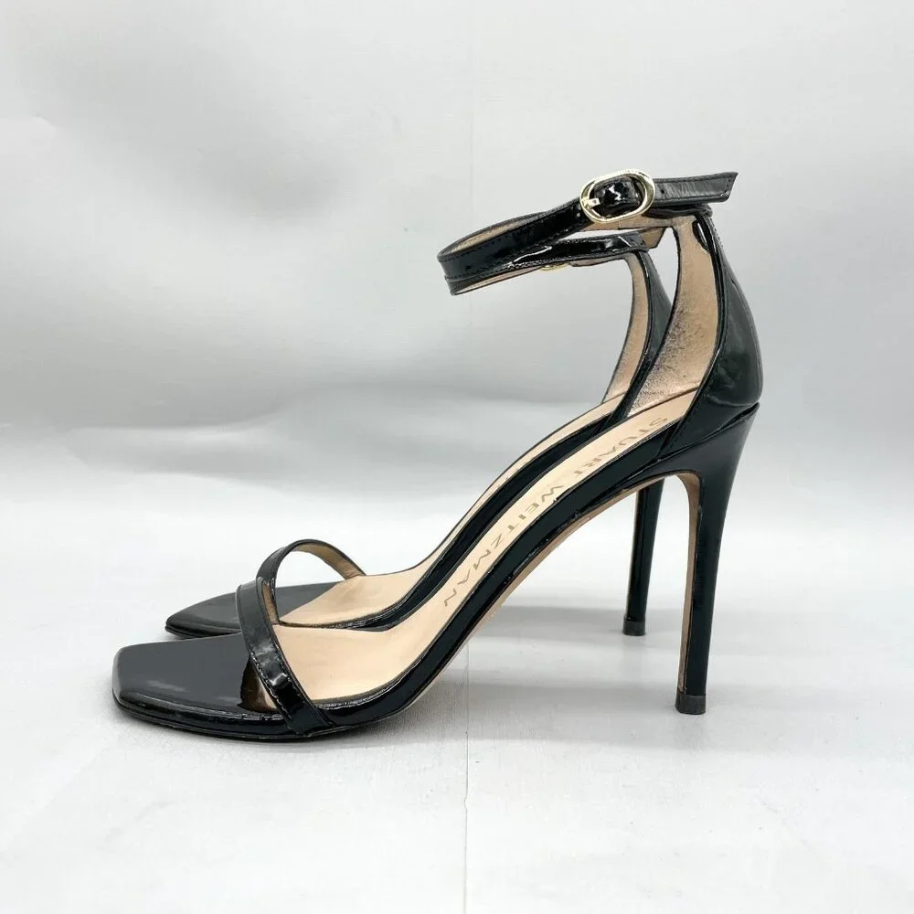 Stuart Weitzman Nudistcurve Black Patent Leather Strappy Stiletto Heel - Picture 4 of 14